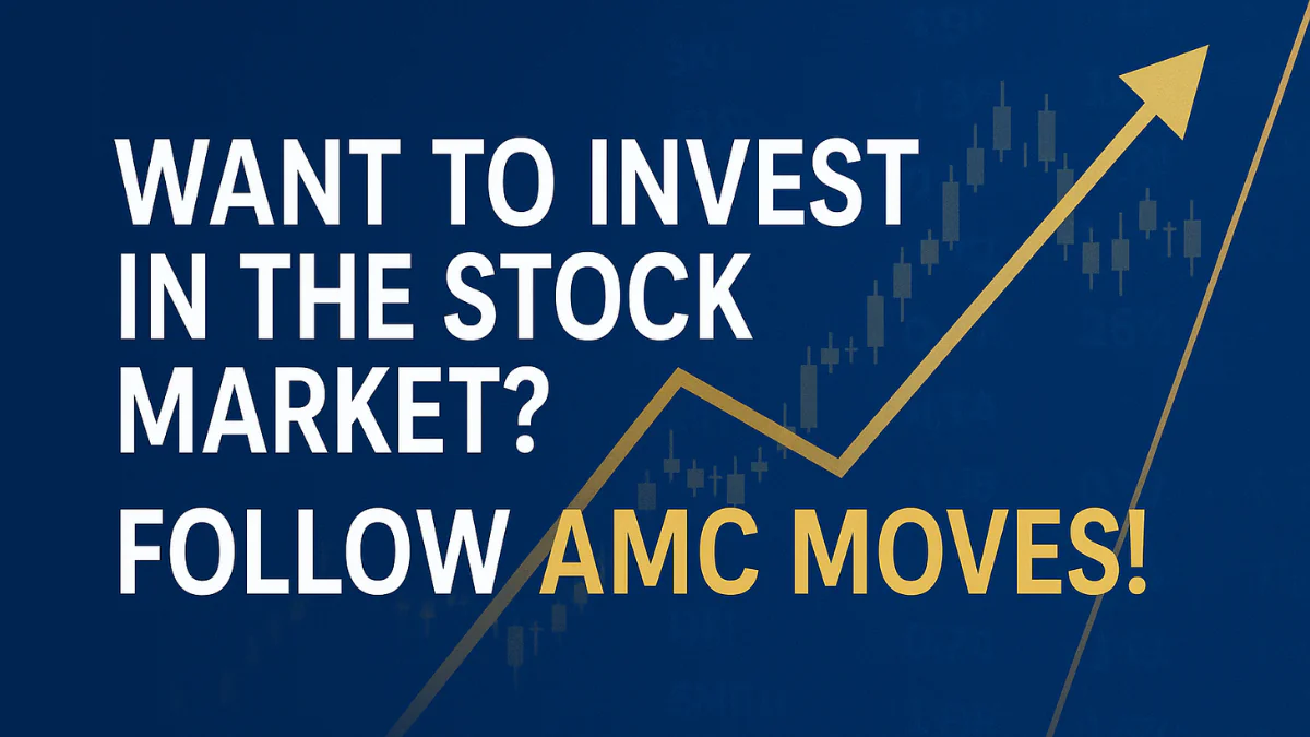 Invest in the stock market banner with the message 'Want to invest in the stock market? Follow AMC moves!' featuring a rising gold arrow over a candlestick chart background.
